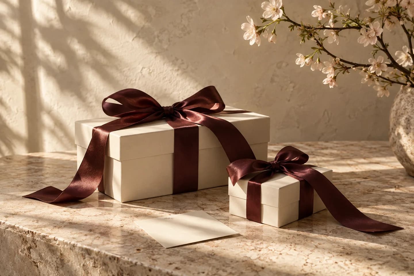Atelier inspiration: ivory gift boxes finished with plum ribbons